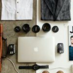 Business Essentials - Brown Leather Bag, Clothes, and Macbook